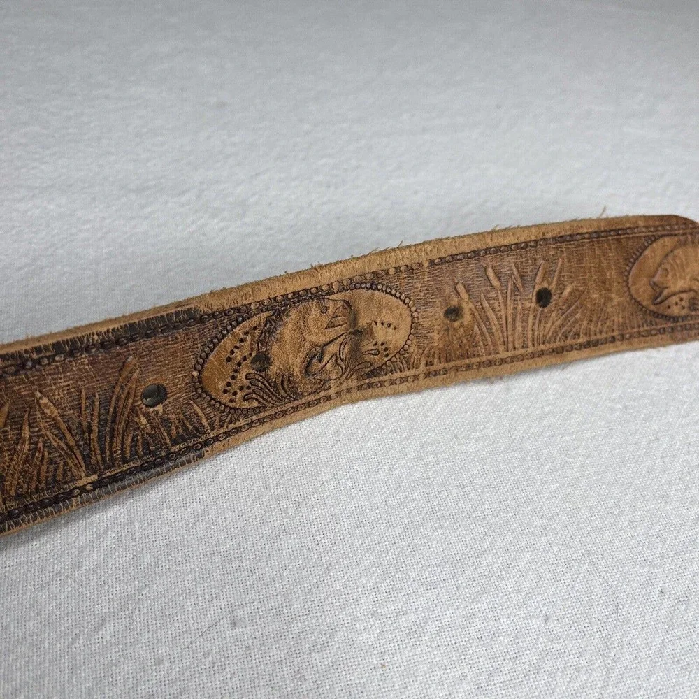 Engraved Leather Belt 44” Fishing Brown Fish Lakes Walleyes Northern ￼bass Pole